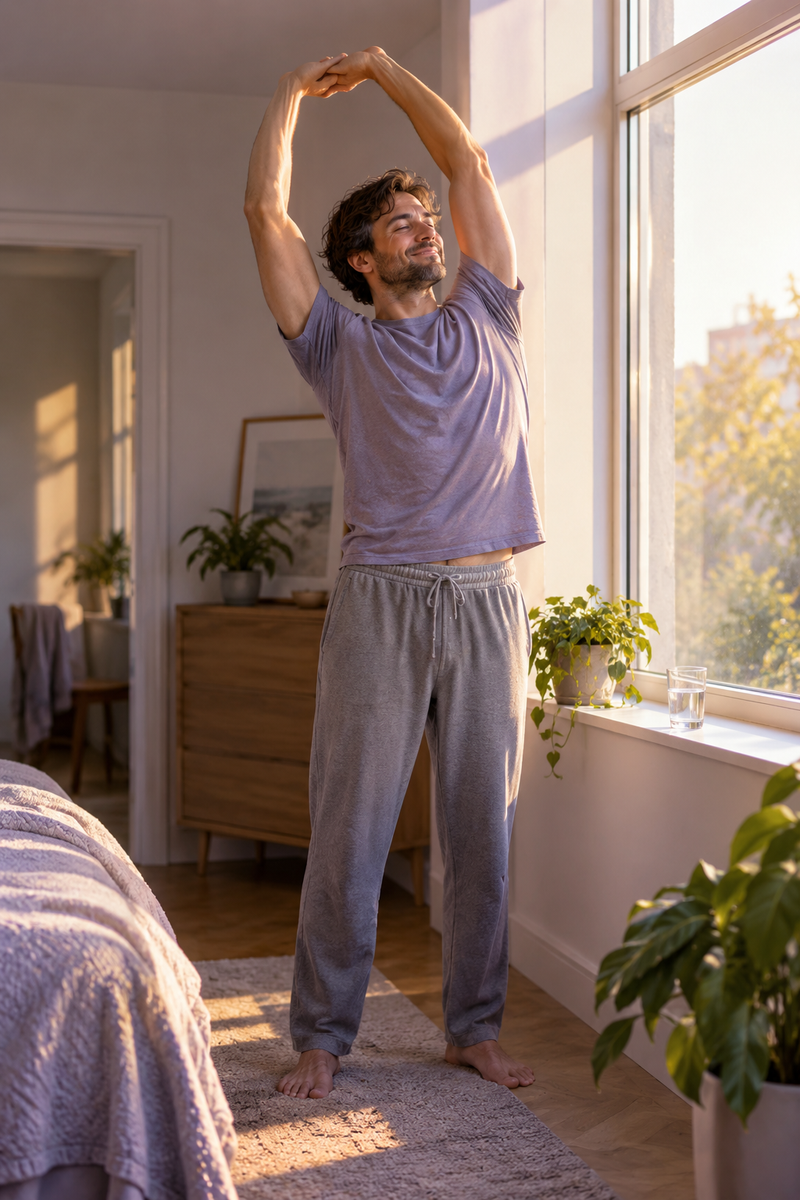Man stretching by a sunlit window in the morning