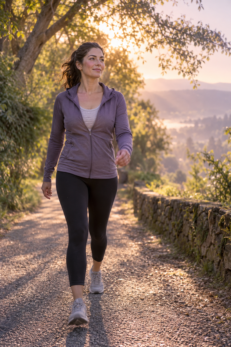 Woman energized on a sunrise walk