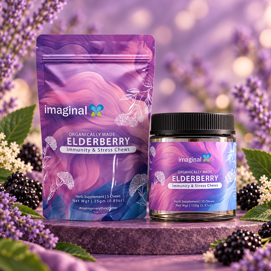 Imaginal Elderberry Stress Chews pouch and jar with lavender and blackberries
