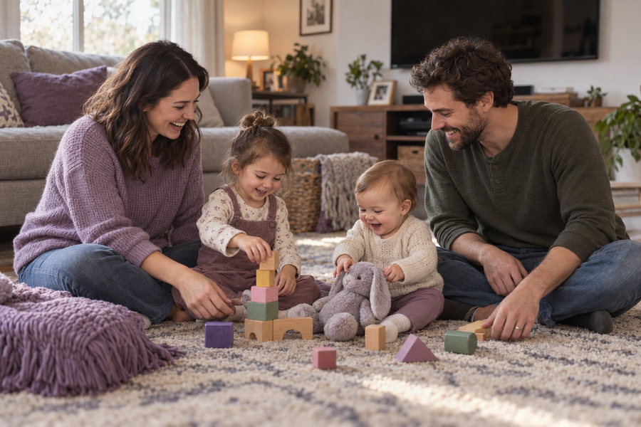 Parents sitting on the living room floor laughing while their two children play with toys between them