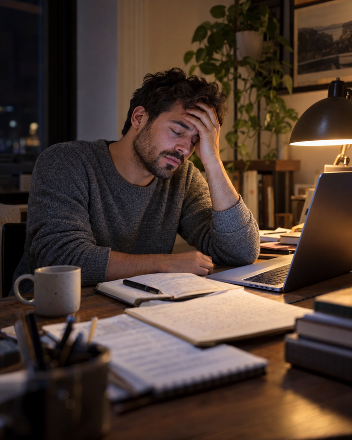Man overwhelmed and stressed at his desk at night