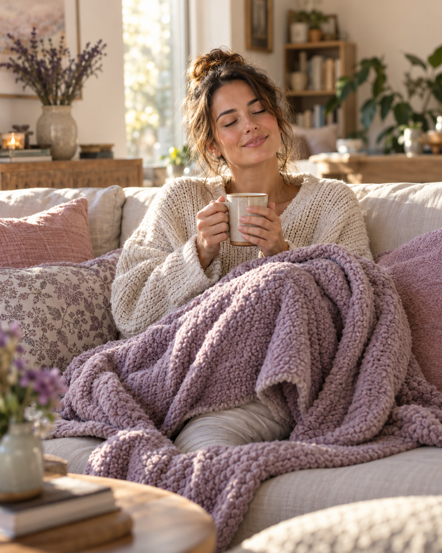 Woman relaxed on couch with a warm mug and blanket