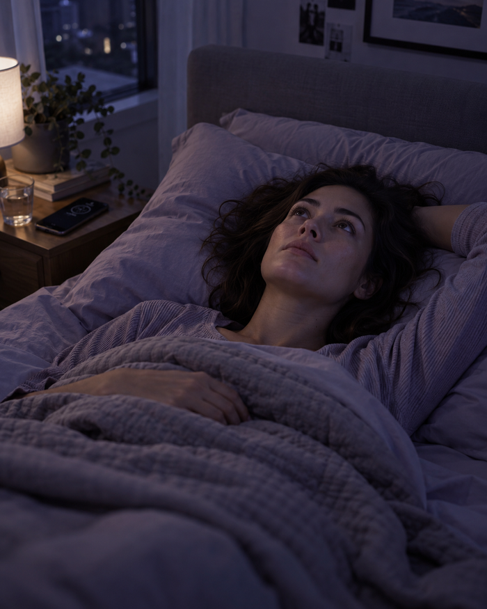 Woman awake at night unable to sleep, stressed